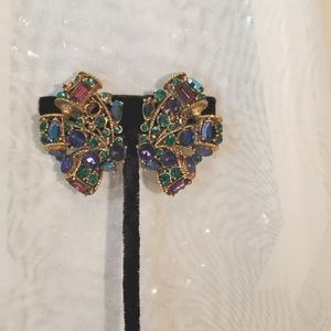 🥳🟣VTG CLIP ON EARRINGS GOLD TONE WITH ROYAL PURPLE & ENERALD GREEN RHINESTONES